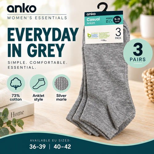 Anko Women's Casual Anklet Socks – 3 Pack (Grey)