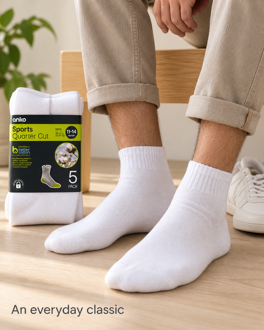 Anko Men's Sports Quarter Cut Socks – 5 Pack (White)